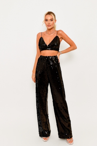 Calça Wide Leg Paetê - Preto