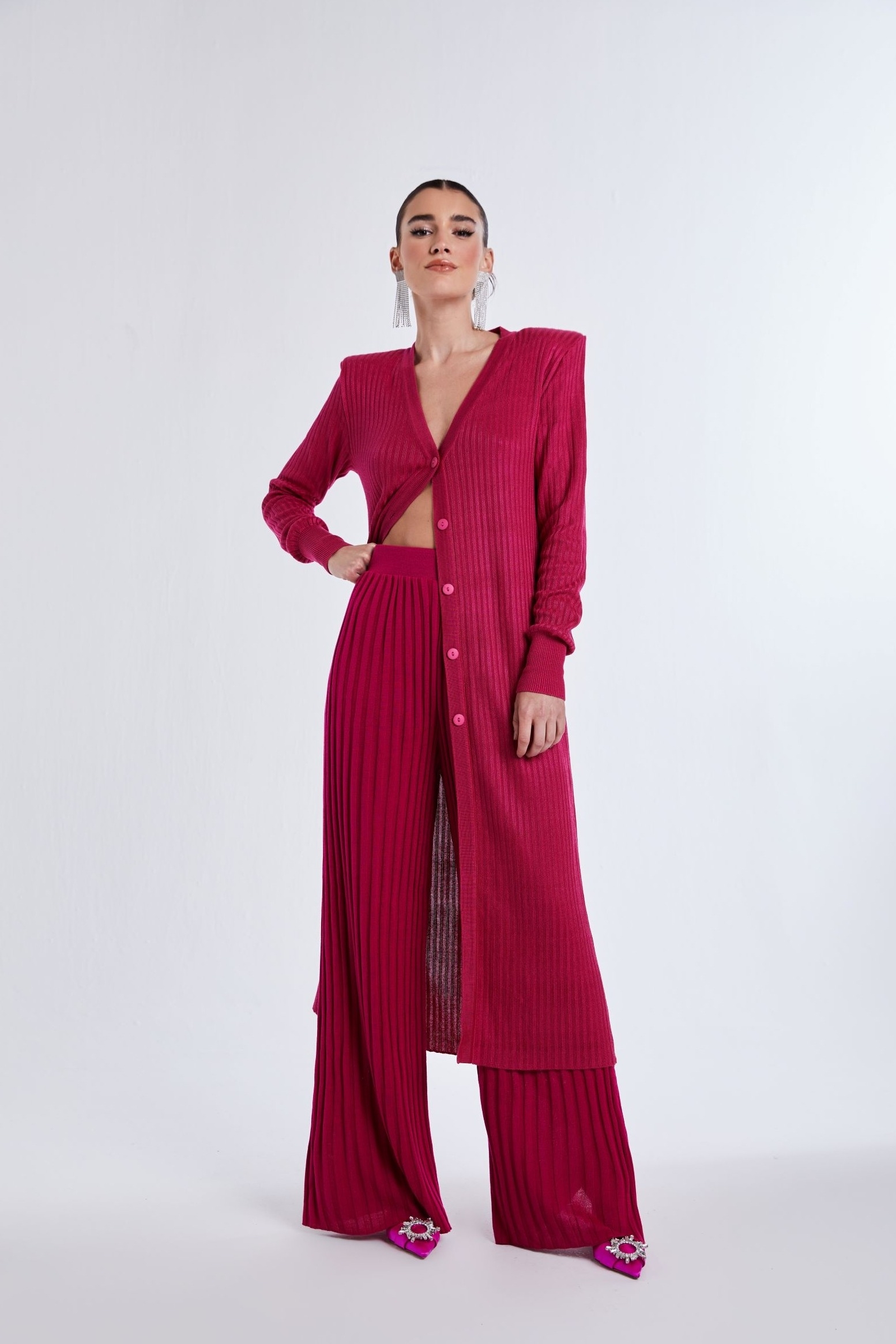 Maxi Cardigan Canelado - Fúcsia