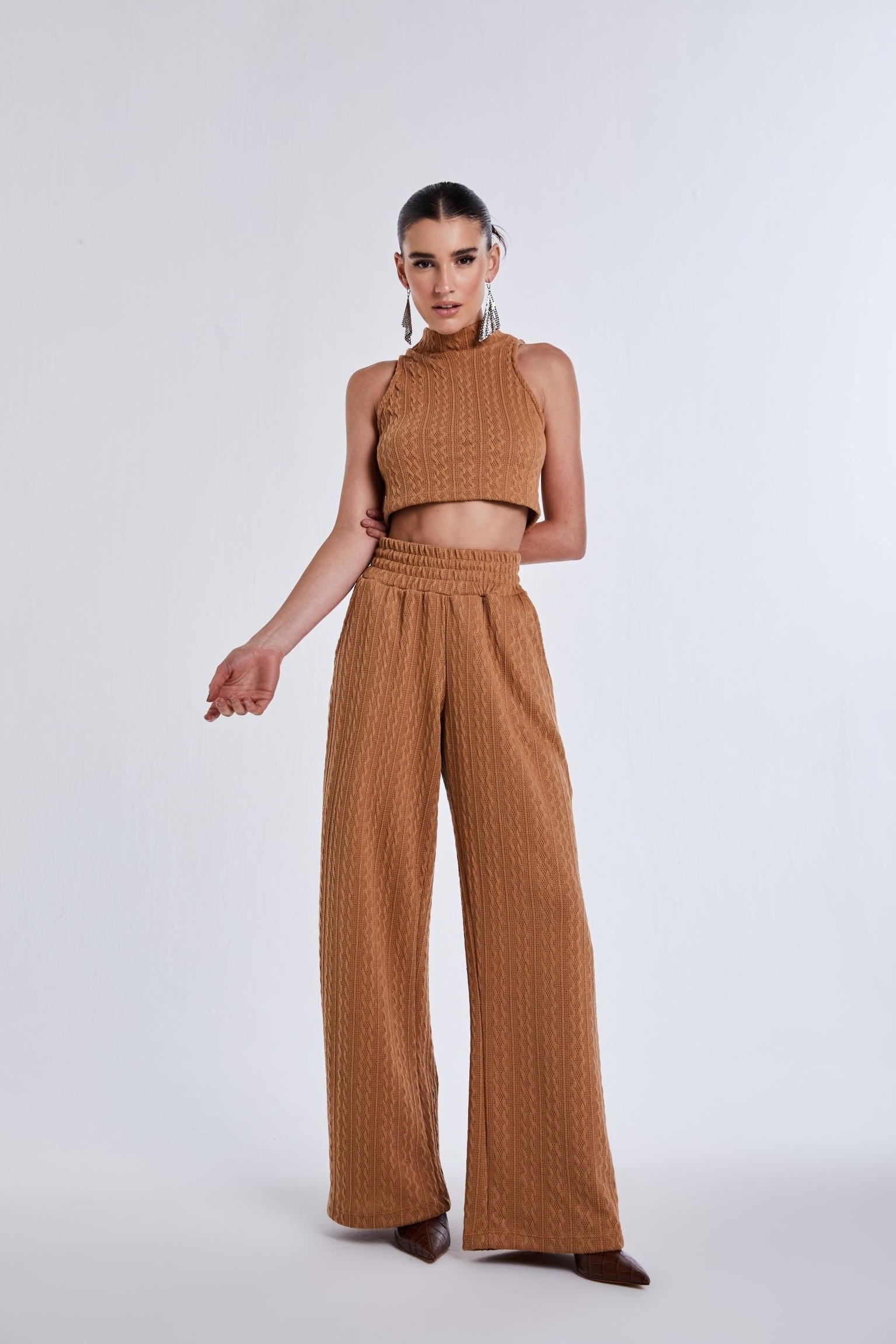 Calça Wide Leg Malha - Caramelo