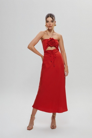 Vestido Midi com Broche Flor - Vermelho