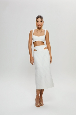 Saia Midi Tweed Vazada - Off White